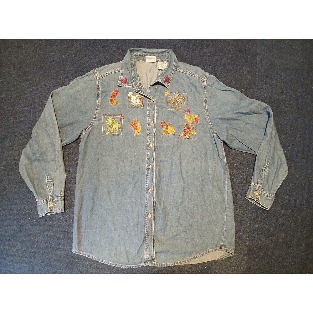 Vintage Bobbie Brooks Ladies Jean Blouse with Leaf Embroidery  Large 12/14